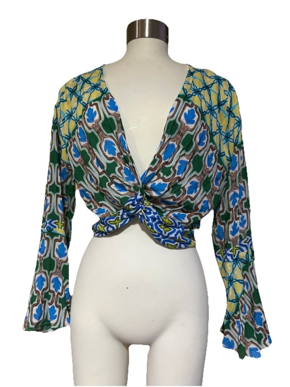 Boho Festival Colorful Twist Crop Top Midriff Flare Long Sleeve Zara XL Hippie
